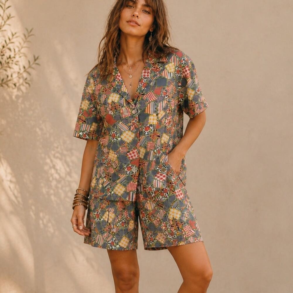 Vintage 70s Patchwork Print Two-Piece Set Boho Lounge Shorts Suit